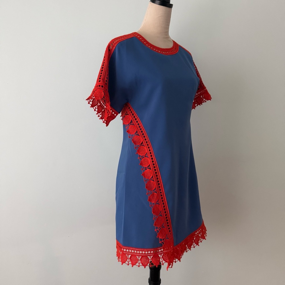 Tory Burch Marissa Runway Blue & Redish Orange Lace Shift Dress Size 2 💙 - Picture 6 of 14